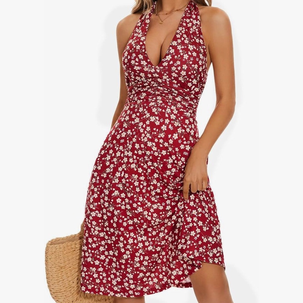 Floral Halter Neck Red Dress